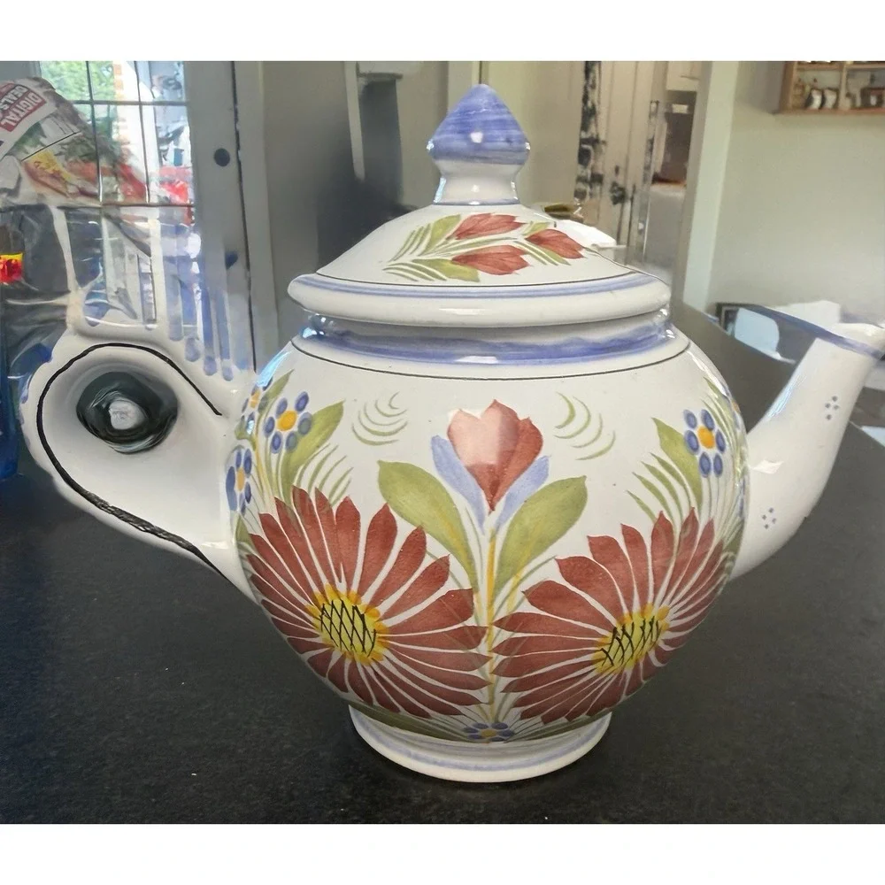 Henriot Quimper France Hand Painted Rooster Floral Large Teapot C2000 Vtg Unused
